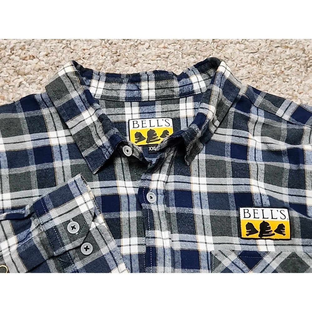 Bell's Brewery XXL Flannel Shirt Blue Plaid Logo Patches Long Sleeve Mens 2XL